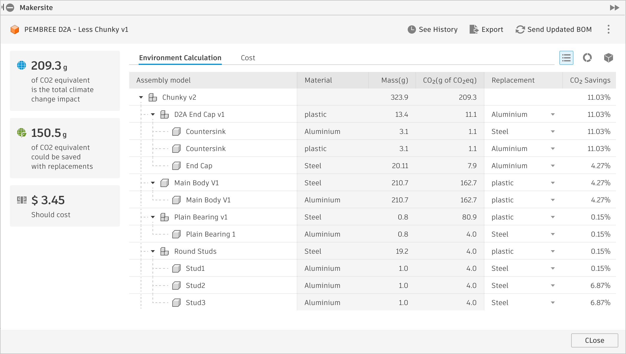 Makersite carbon and cost analysis in Autodesk Fusion