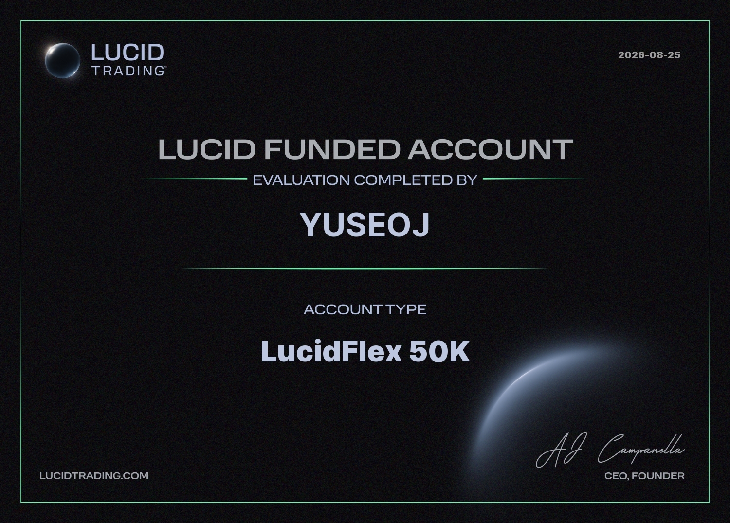 Lucid Trading certificate for YUSEOJ
