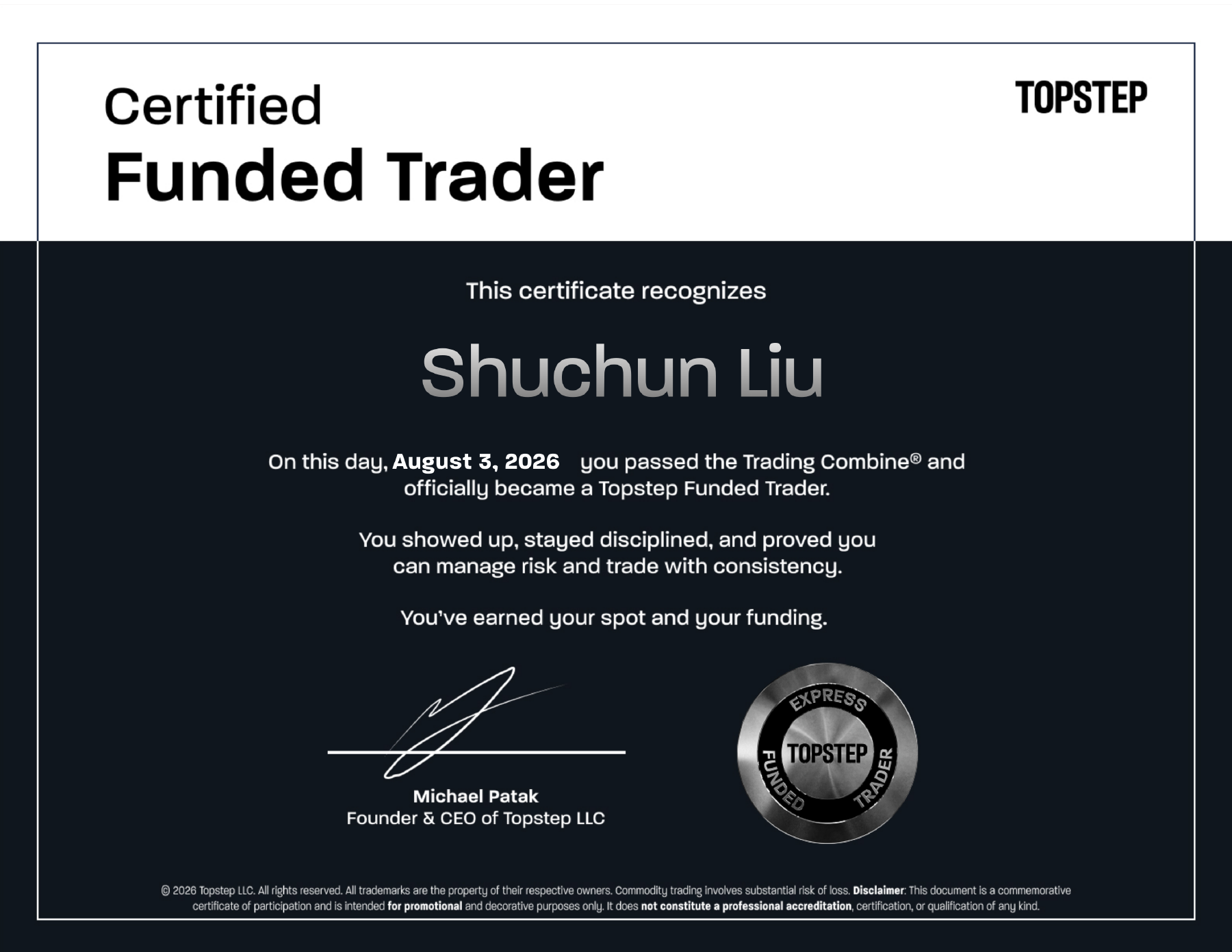 Topstep certificate for Shuchun Liu