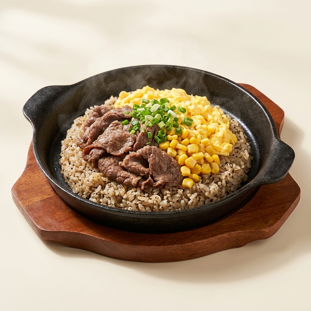 Existing AI-generated beef and scrambled egg pepper rice product asset