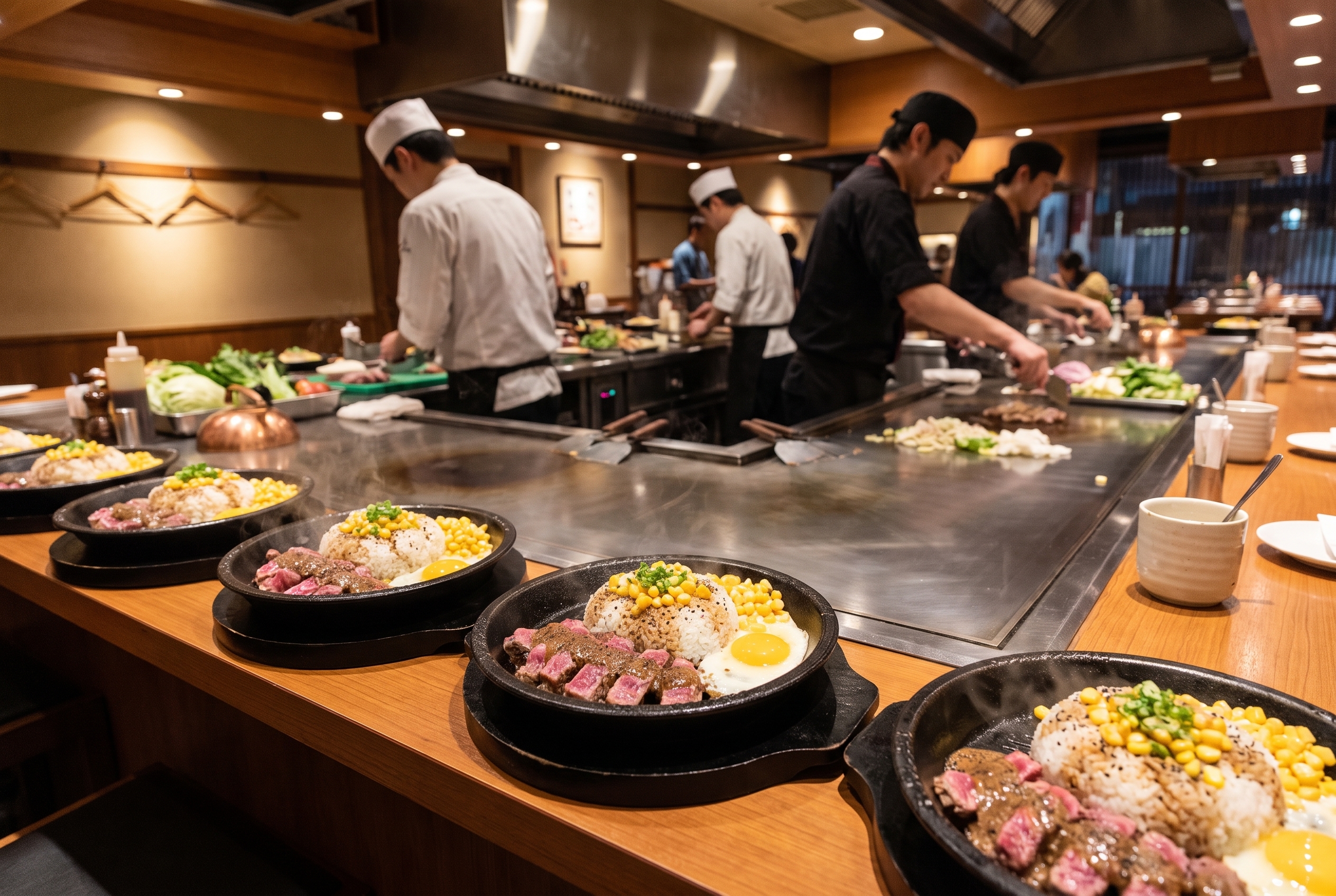 Final generated restaurant cover showing a wide teppan counter scene